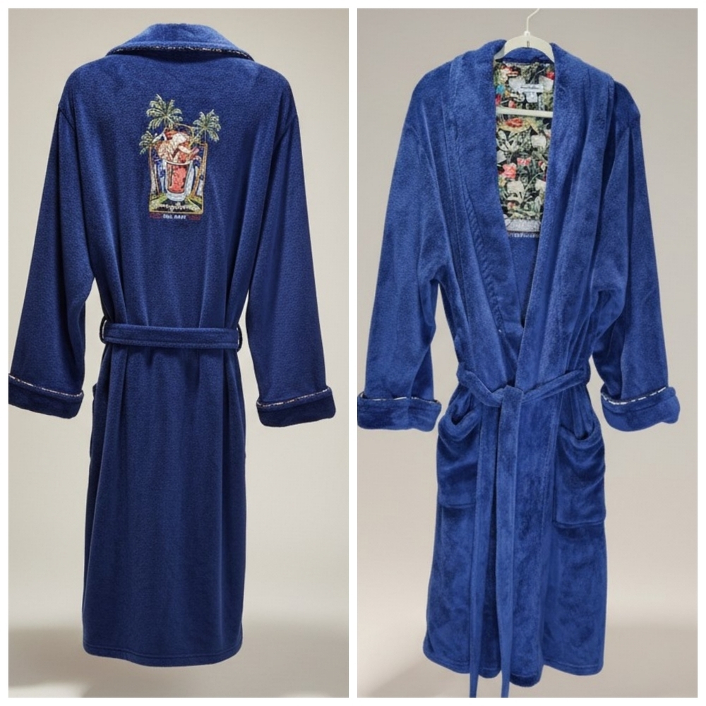 Tommy Bahama Embroidered Hail Mary Football Plush Navy Bathrobe